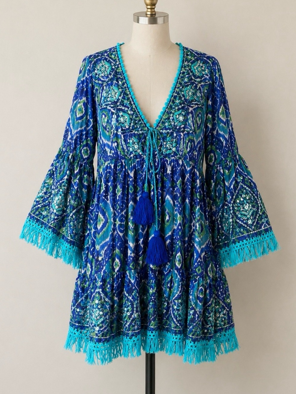 ANTICA SARTORIA Embellished Bohemian Beach Dress S M L Bell Sleeves Resort Wear